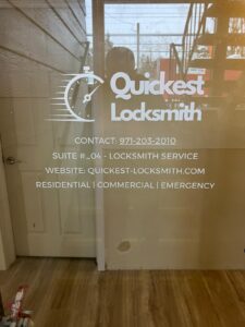 Quickest Locksmith physical store window sign and interior look